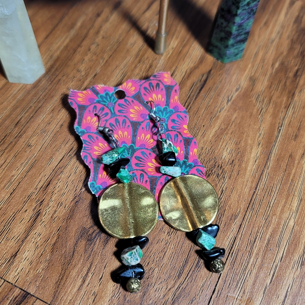 🔥3 For $25 Handmade Elegant Gold and Black And Green Multistone Dangle Earrings